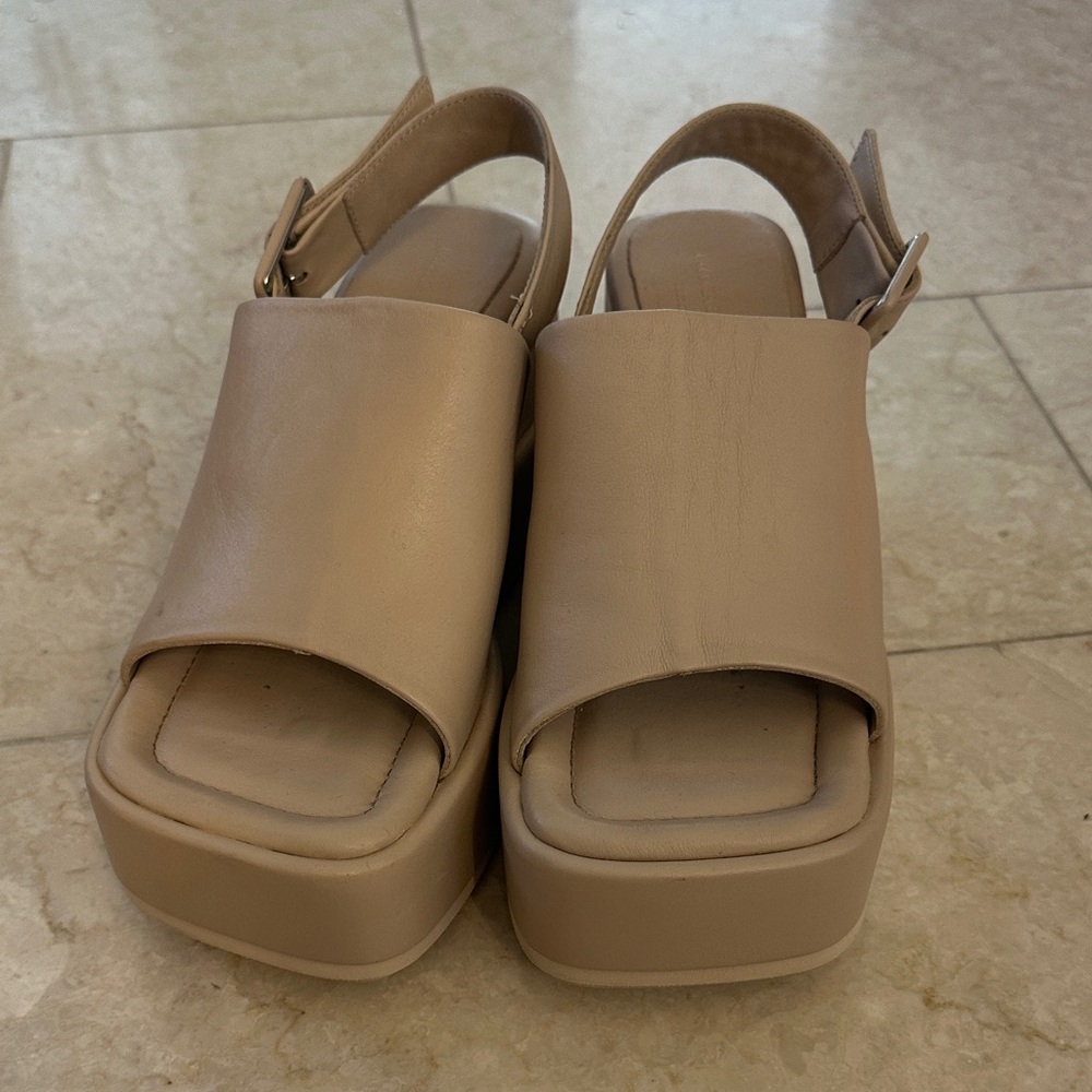 Paloma Barcelo Taupe Open-Toe Platform Slingback Wedges